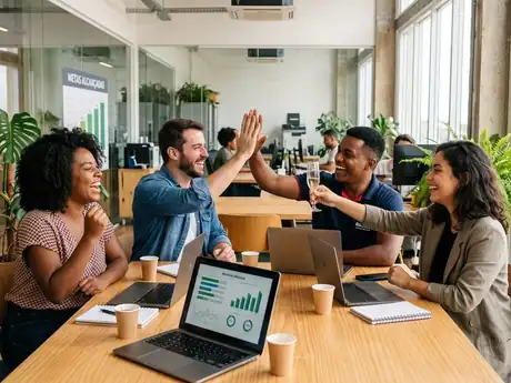 Equipe comemorando bons resultados no escritório